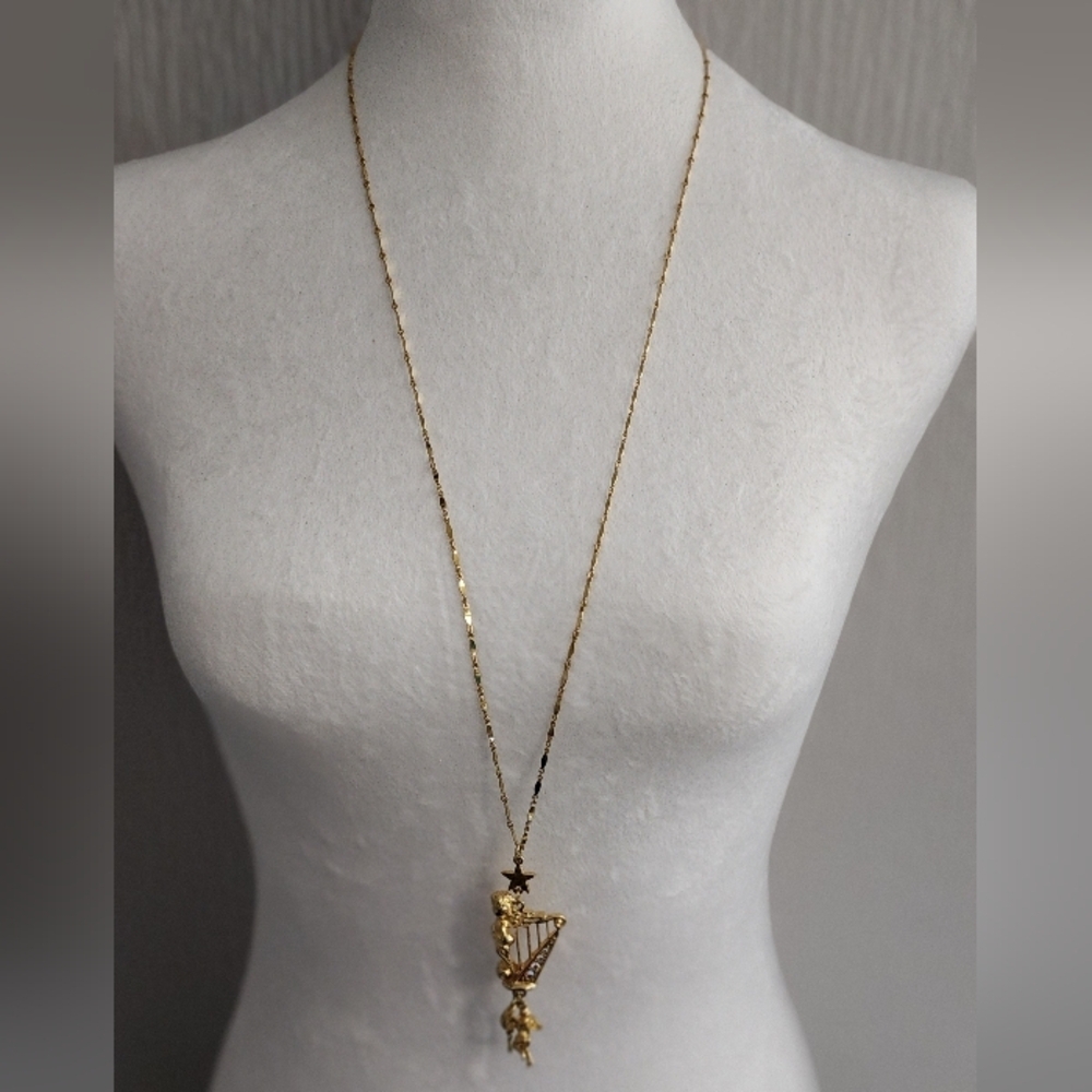 Vintage Kirks Folly Angel Harp Goldtone Pendant Necklace - Picture 3 of 6